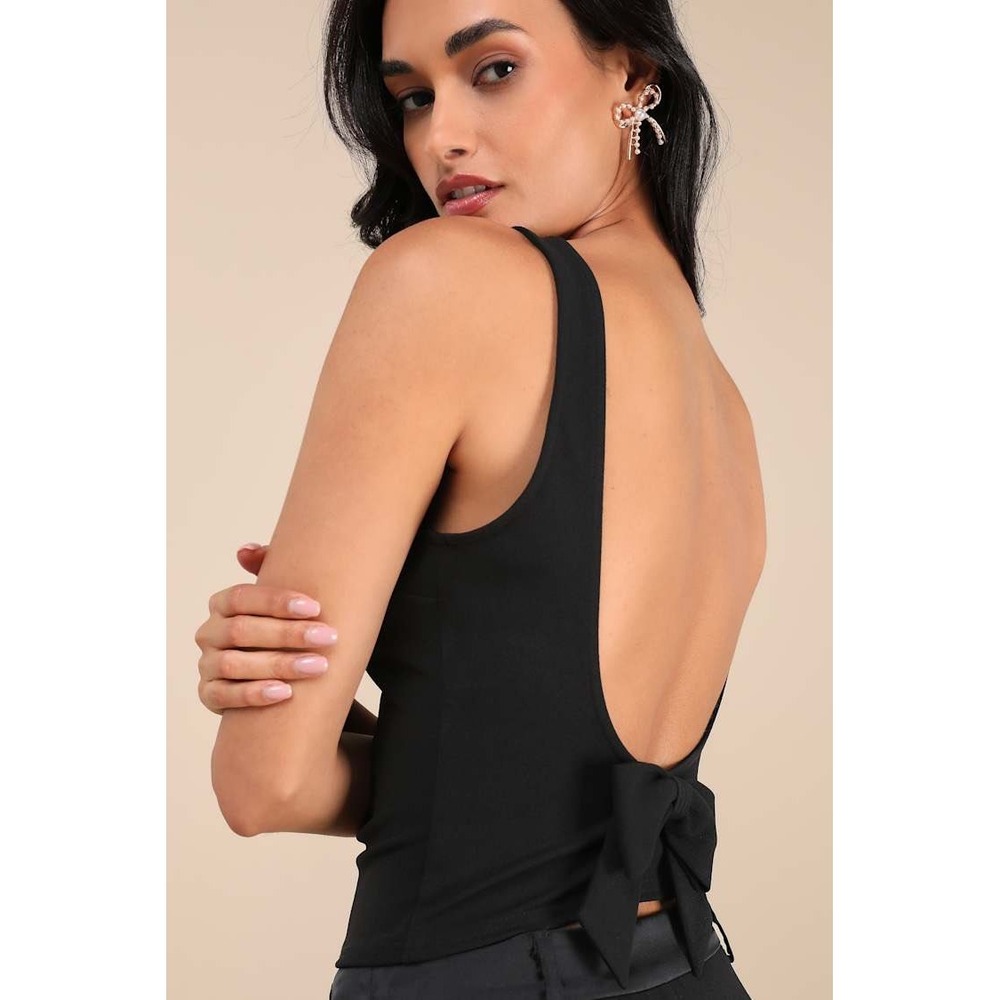 Lulus Black Sleeveless Open Back Bow Detail Tank Top High Neck Bodice size S